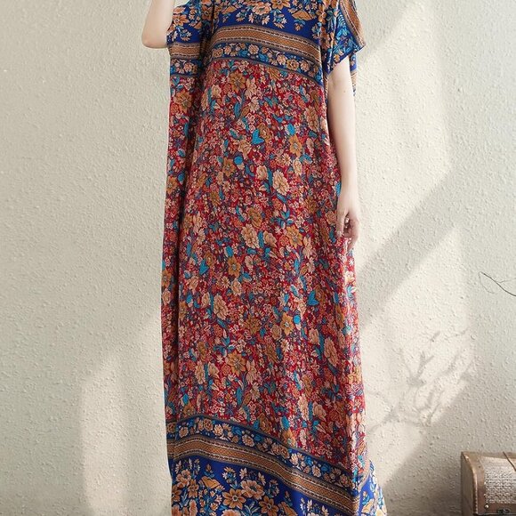 Plus Size Summer Floral Dress V Neck Loose Fit Pockets Casual Max Fashion - Picture 5 of 7